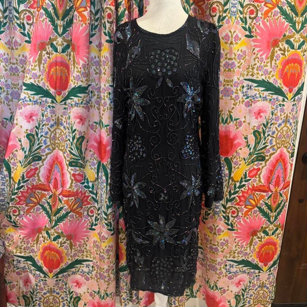 SILK Beaded Evening Dress SZ Medium Black Midi sequins party wedding